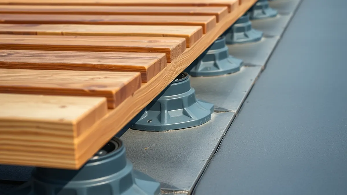 Terrasse en bois surélevée posée sur plots réglables avec mobilier de jardin